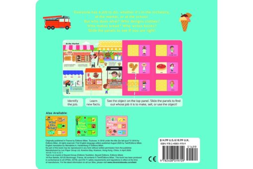 Who Does What A Slide and Learn Book 9782408019709 back coverjpg