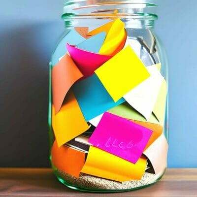A glass jar filled with colourful chits of paper