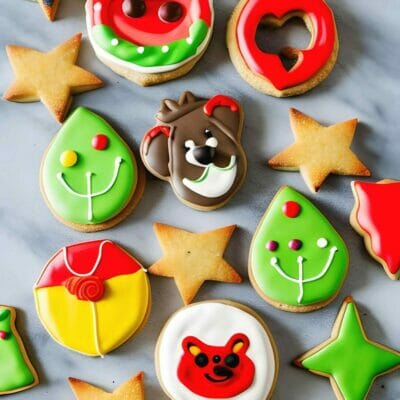 Childrens cookies with different shapes and faces like bear animal paw grinch face etc