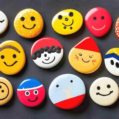Flat round stones painted by children with faces
