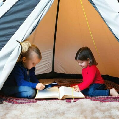 Kids reading inside a cosy teepee tent, story reading nook